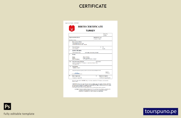 listo para imprimir certificado de nacimiento de Turquía en plantilla de formato